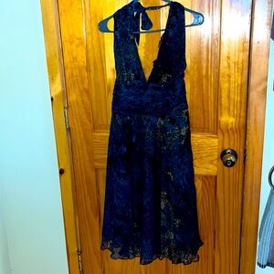 Papell Boutique Silk Deep V Lace Embellishment Evening Halter Midi Dress